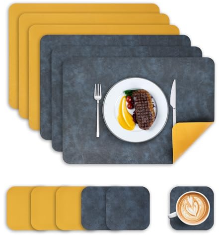 Set di 6 tovagliette e sottobicchieri in pelle PU, resistenti al calore, double-face, impermeabili, lavabili, antiscivolo, per tavolo da cucina (blu e giallo)