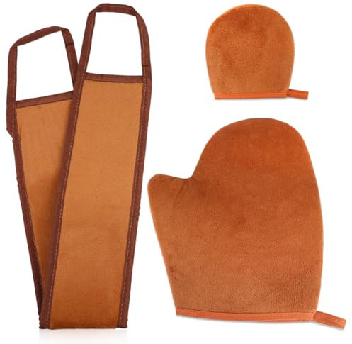 3 Stück Selbstbräuner Handschuh Kit, Handschuh Selbstbräuner Bräunungshandschuh, Selbstbräuner Rücken Applikator, Selbstbräunungshandschuh Weich, für Gleichmäßige Selbstbräuner und Peeling (Braun)