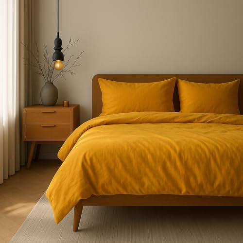 VEL VET HOME Completo Copripiumino Singolo 140x200 e Federa 80x80 100% cotone traspirante certificata Oeko-Tex Biancheria da letto 140x200cm di alta qualità con chiusura lampo 2 pezzi Colore senape