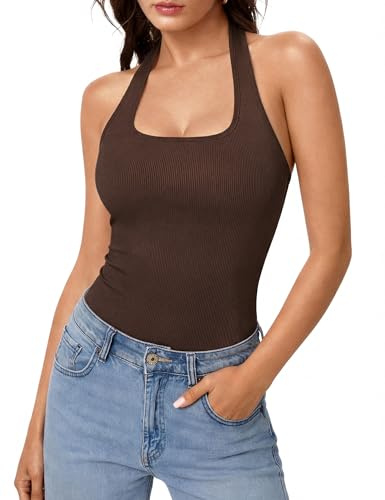Aottori Top Donna Estiva Neckholder Canotta Senza Maniche Schiena Scoperta con Scollo Quadrato Tank Tops Coste Slim Fit Canottiera Marrone M