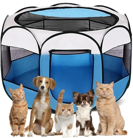 Recinto pieghevole per cuccioli e cani 74x74x43cm, recinto per gatti, recinto per piccoli animali per casa, recinto per cani, gatti e conigli per interni ed esterni (Blu)