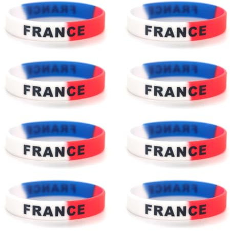 HAPZUR 8 piezas pulseras silicona elásticas, brazaletes con diseño de bandera, de Francia y decoraciones del Mundo para hombres y mujeres, ideales para la Copa Mundial 2026 (Azul, Blanco, Rojo)