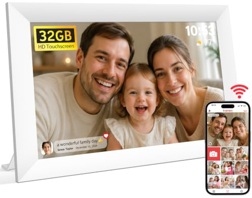 Frameo Digital Photo Frame WiFi 10.1 Inch, HD IPS Touchscreen, 32GB, White | Electronic Photo Frame WiFi with 1280x800 Display, Auto-Rotate, Share Videos & Photos via Frameo App, Gifts for Men Women