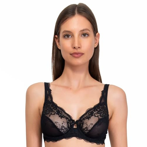 SIELEI, Reggiseno Francese con Ferretto, Realizzato in Morbido Pizzo, Tante Taglie Disponibili, Spalline Regolabili e Regolatore della Schiena in Regalo, Designed in Italy, Color Nero, Taglia 5C