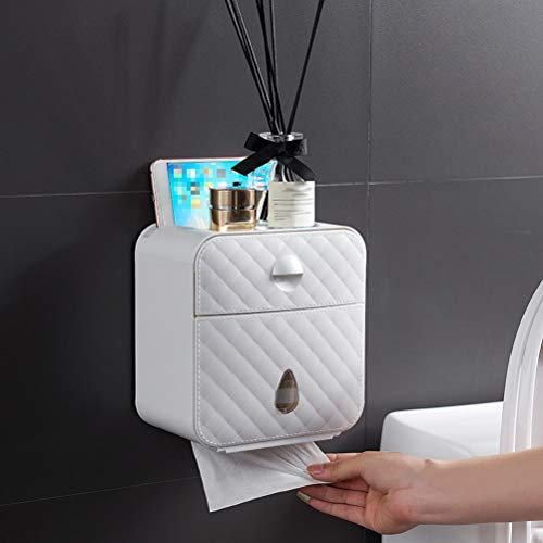 Roll Holder, Toilet Paper Roll Holder Dispenser Bathroom Tissue Box, Waterproof Wall Mounted Tissue Box Self Adhesive Paper Tissue Box With Mobile Phone Storage Rack
