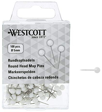 WESTCOTT E-10501 00 Lot de 100 épingles à tête ronde Blanc Diamètre 5 mm Longueur 16 mm