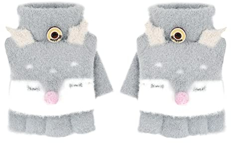 FakeFace Fäustlinge mit Knopf Klappe Fingerlose Handschuhe für Kinder Winter Warm Strickhandschuhe Plüschfutter Winterhandschuhe Jungen Mädchen (Eule-Grau)