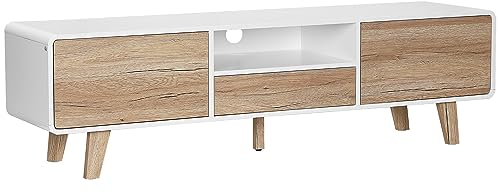 HOMCOM Meuble TV Bas sur Pied Style scandinave 2 Portes Niche tiroir MDF Blanc Aspect chêne Clair