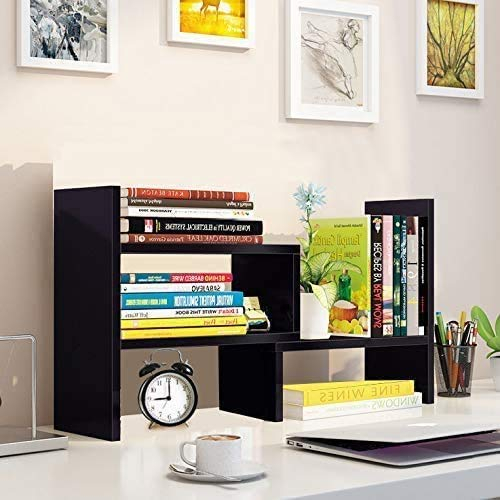 Wylnsie Desktop-Bücherregal Tischregale, Holz Regal ständer Aufbewahrungsorganisator, Erweiterbar Display Regal Rack,Schreibtischregal für Home Office Schule (Schwarz)