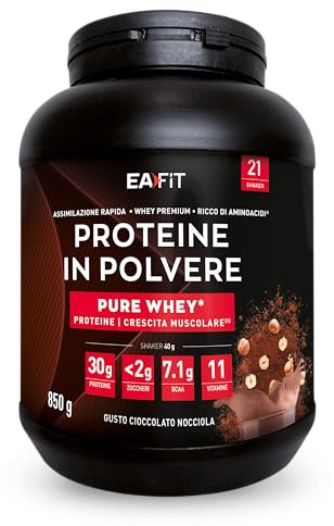 Proteine in Polvere Whey 850 g Gusto Cioccolato Nocciola|30 g per Shaker Proteine | Whey Protein Concentrate e Isolate |BCAA + L-Glutammina + Taurina | Integratore per Massa Muscolare |Con 11 Vitamine