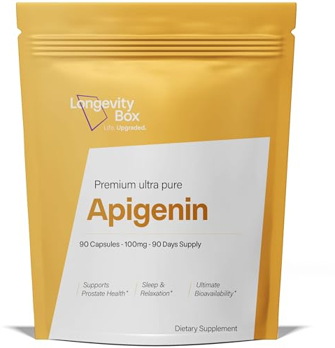 Longevity Box Apigénine 100 mg, 90 gélules, extrait de graines de céleri 98 % pur, pour soutien du sommeil, du NAD+, de l’énergie, de la longévité et de la santé cellulaire