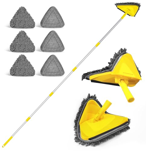 JEHONN Bodenwischer Wischmopp mit Langem Griff 202 cm, Verbessert 180° Zusammenklappbar Wandmop mit 6 Ersatz Mikrofaser Chenille Pads für Decke, Gemalte Wände, Fenster, Boden, Baseboard (Gelb)