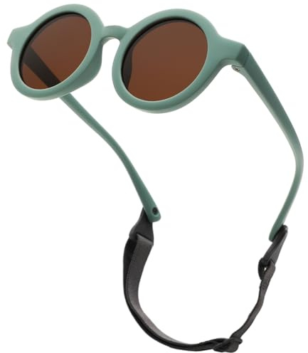LOJUDI Baby Sunglasses 0-24 Months - with Strap Polarised Cute Round for Newborn Infant Toddler Sunglasses Baby Girls Boys-Green Frame