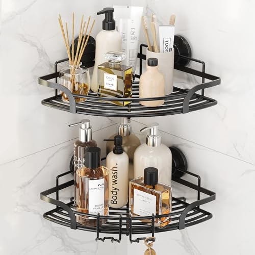 TAILI estantes de ducha de esquina 2 Pack, ducha Caddy ventosa con ganchos de acero inoxidable cesta de la organizador para el baño a prueba de herrumbre estante de lataladro extraíble