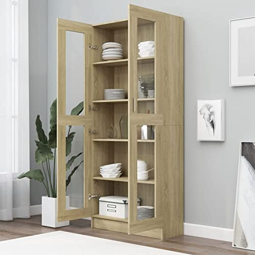Homgoday Vitrina de Cristal, Vitrina de Salón Aparador,Aparador Cocina, Oficina Archivador, con 5 Estantes 2 Puertas de Vidrio 82,5x30,5x185,5 cm Roble Sonoma