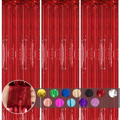 COSORO 3pcs Tinsel Red Glitter Foil Door Curtain, 3.2x6.5ft Metallic Foil Fringe Curtain Streamers Shimmer Curtain Tassel Backdrop Decorations for Birthday Christmas Party