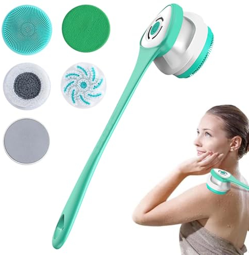 Elektrische Körperbürste Badebürste Rückenbürste Mit 5 AufsäTzen: Rückenbürste mit Langem Stiel IP67 Wasserdicht 3 Geschwindigkeit Spin Reinigung Bürste für Spa Dusche Peeling Massagebürste (Grün)