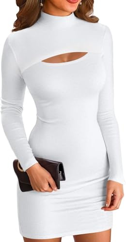 ELFIN Abito da Donna Bodycon a Coste a Maniche Lunghe Jersey con Colletto Alto per Feste Maglia Lunga Club Mini Abito Tinta Unita Bianco, XL