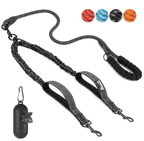 Eyein Double Dog Lead No Tangle - 360° Swivel Heavy Duty Reflective Leash with Two Padded Handles Dual Dog Splitter, Comfortable Shock Absorbing Walking Training for 2 Small Medium Dogs (3-16kg)