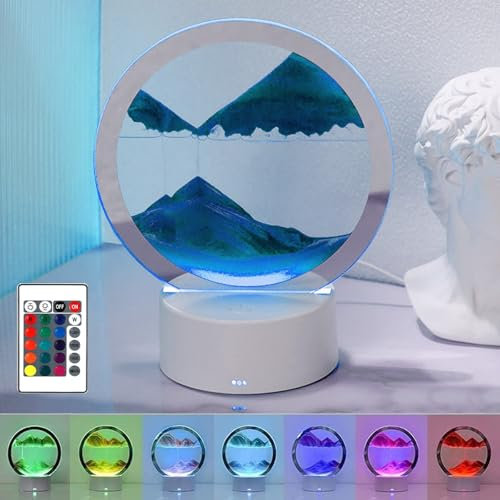 HAMON Lampe de Sable 3D, Sablier Décoratif à Changement de Couleur RVB, Image Dynamique Rotative à 360°, Peinture Qui Coule pour Maison et Bureau (Bleu)