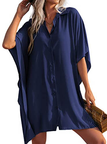 AI'MAGE Camisa Suelto de Bikini Cover Up Manga Dolman Casual Vestido Camisero de Mujer Verano Vestido de Playa Suelto Azul Marino L