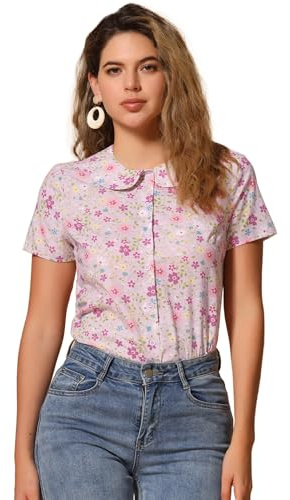 Allegra K Chemisier Floral Femme Rétro À Col Claudine Et Manches Courtes T-Shirts D'Été Casuel Boutonnage Rose Clair L
