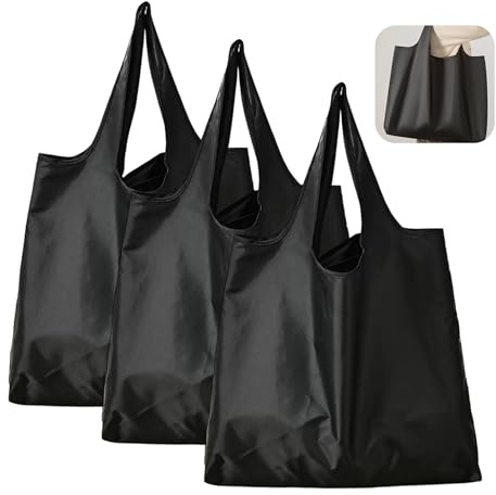 lbxtswpl Foldable Shopping Bag, 3 Pack Reusable Grocery Bags, Water Resistant Shopping Tote Bag, Washable Foldaway Shoppings Bags Foldable Eco-Friendly Shoppings for Storage(Black)