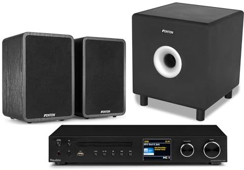 Fenton Sistema de Sonido 2.1 – 200W, Bluetooth, Spotify, FM/Dab+, CD, USB, RCA, Subwoofer 8”, Entrada Toslink para TV, Control Remoto, Radio por Internet, Incluye Cables, App UNDOK