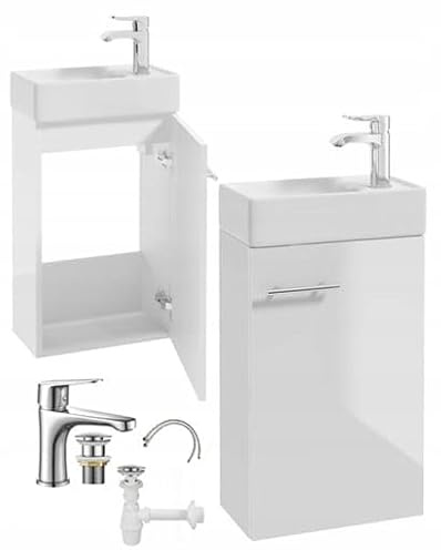 .Deftrans - Waschbecken mit Unterschrank 60x40 cm Weiß Hochglanz – Hängend – Gäste WC Waschtisch Set mit Armatur, Syphon & Ablaufgarnitur – Badmöbel für kleine Bäder