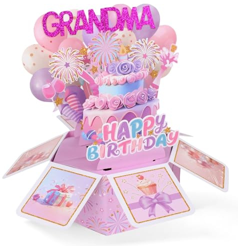 Grattis På Födelsedagen Mormor Pop up-Kort, Färgglatt Popup-Hälsningskort för Gammelmormor Kreativ Födelsedagspresent Pop up-Låda med Kuvert Kreativa Kort för Mormor