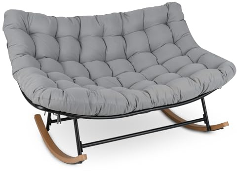 COSTWAY Fauteuil a Bascule, Rocking Chair pour 2 Personnes avec Coussin Épais Amovible, Cadre en Métal, Fauteuil Allaitement, Chaise a Bascule pour Salon, Chambre, Balcon, Charge 320 kg, Gris