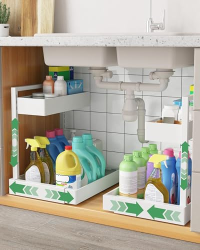 UMDONX Lot de 2 Rangement sous Evier Cuisine,2 Étages Métal Organisateur avec Tiroir Coulissant Réglable en Largeur Rangement Organisation de Cuisine,Blanc