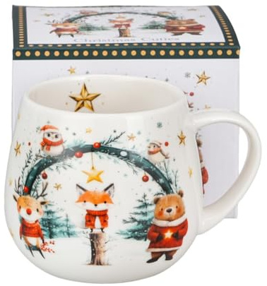 DUO Porcelain - Taza Navideña “Christmas Cuties” – Porcelana New Bone China – Diseño de Animales del Bosque – Incluye Caja Decorativa