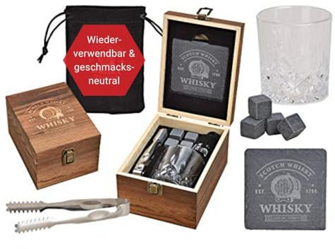 WOMA Whisky Steine Set I 4 Kühlwürfel inkl. Untersetzer, Edelstahlzange, Whiskey Glas & hochwertiger Holzbox I Wiederverwendbare Eiswürfel für Whiskey Wodka Gin Rum Tequila & Cocktails