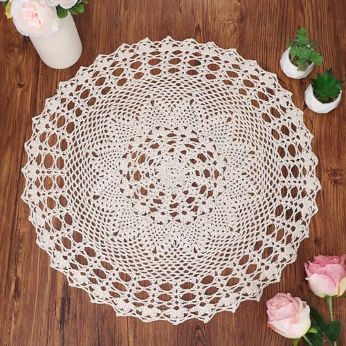 kilofly Centrino da tavolo in pizzo di cotone lavorato a mano all'uncinetto, a forma di ninfea, beige, 66 cm