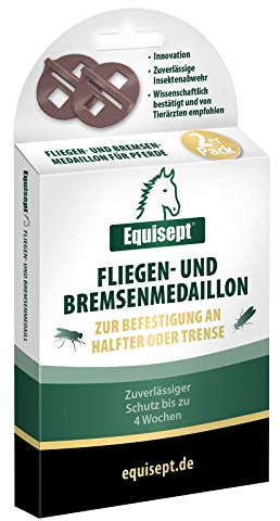 Equisept Fliegen- & Bremsen-Medaillon 2er Pack - Innovative Lösung zur Insektenabwehr am Pferd - Einfaches Anbringen an Halfter oder Trense - Bis zu 4 Wochen repellierende Wirkung - Dopingfrei