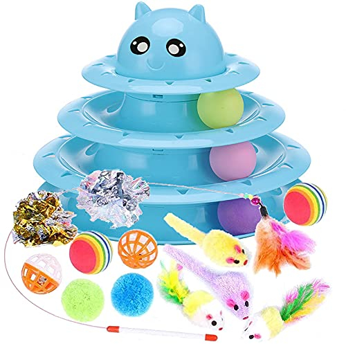 Speedy Panther 14 Pack Interactive Cat Toys for Indoor Cats - Kitten Toy Fun Roller Exerciser, 3 Level Teaser Ball, and Feather Wand