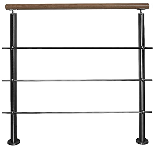 TIBU Edelstahl Geländer Aufmontage mit Eiche Handlauf und waagerechten Streben für Balkon Terrasse Treppe mit 3 Streben 0,8 m mit 2 Pfosten