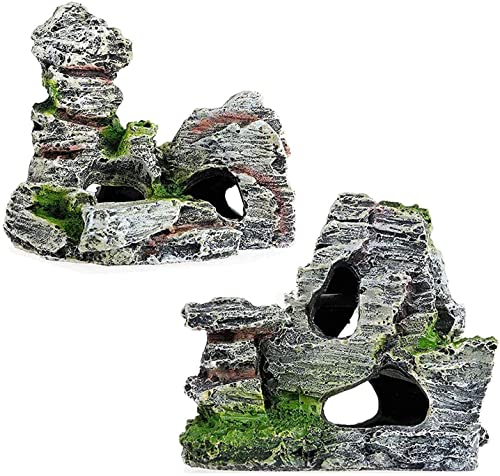 CHJIEJIE 2pcs Aquarium Rock Cave Dekoration mit Grün Gras für Fische Garnelen Verstecken Aquarium Dekoration Harz Aquarium Zubehör,Aquarium Harz Höhle Mountain View, 11 x 9 x 11 cm, 10 x 5,5 x 10 cm.