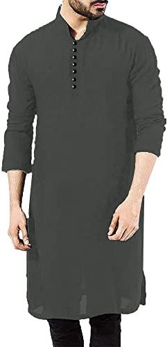 YAOHUOLE Kurta de lino y algodón para hombre, estilo marroquí étnico, kaftán de manga larga para hombre, batas islámicas, gris oscuro, L