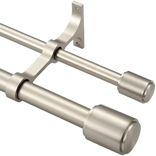 Double Curtain Rods 72-144, Brushed Nickel Double Curtain Rods with Cap Finials, 1 Inch Front and 5/8 Inch Back Double Drapery Rod, Adjustable Dual Curtain Rod Brushed Nickel Double Window Rods