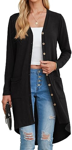 GRECERELLE Women's Long Lightweight Cardigan Long Sleeve Button Down Loose Outwear Cardigans Jacket with Pockets for Ladies UK Black-2XL