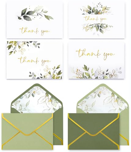 VEEYOL Lot de 100 cartes de remerciement en feuille d'or avec enveloppes, 12,7 x 9,5 cm, notes de remerciement d'eucalyptus verdure pour mariage, fête prénatale, remise de diplôme, mariage, affaires