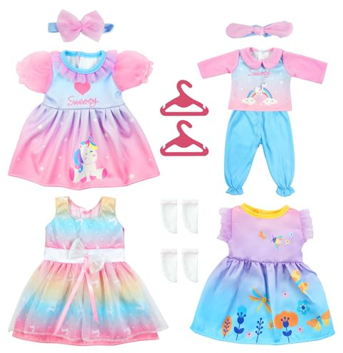Aolso Puppenkleidungsset, 4 Stück Kleidung Bekleidung für Baby Puppen, Puppenkleidung 35-43 cm, Babypuppenkleidungs-Outfits, Einhorn Kleid, Socke, für 14–18 Zoll große Puppen(ohne Puppe)