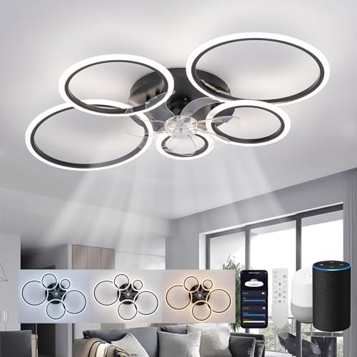 ycwdcz Plafonnier Ventilateur de Plafond Compatible avec Alexa, Google Assistant, Rond Luminaire Plafonnier Ventilateur Silencieux, Dimmable, Moteur DC, Mode Eté/Hiver, Lampe Ventilateur Plafond
