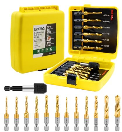 KURSTOL HSS Tap Bit Set - 13pcs SAE/Metric Combination Drill Tap for Drilling, Tapping, Countersinking, Titanium Combination Drill with Quick Change Shank Extension Rod Fixed on Tapping Machine