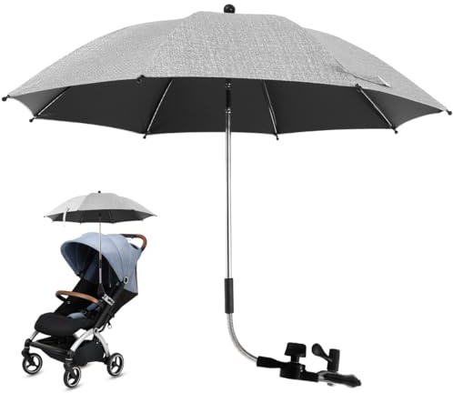 Deuson UPF 50+ Sonnenschirm Sonnenschutz für Kinderwagen & Buggy,mit Verstellbarer Klemme und flexiblem Arm,Biegsam Einstellbar,UV Schutz,Schirm,mit Gerader Schirmgriff (Grau, 75CM)