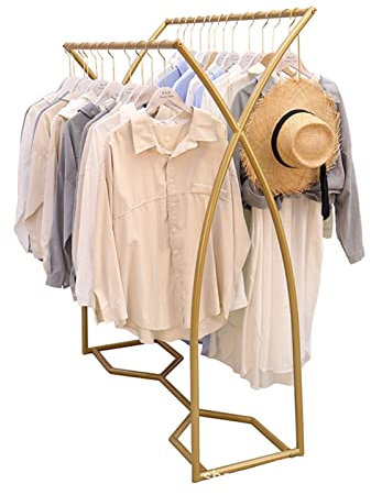 KWMAEEUID Présentoir de vêtements doré, Cintre en métal autoportant, Simple et Moderne à Double rangée pour Magasin de détail, Cintre Suspendu pour T-Shirt/Pantalon, Garde-Robe organisée