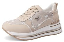 QUEEN HELENA Chaussures en Vrai Cuir avec Compensées Chaussures de Gymnastique Casual Femme QH9012, beige, 36 EU
