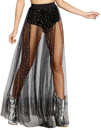 Pinsheng Falda Maxi de Tul de Malla Transparente 2 En 1 con Lentejuelas para Mujer Falda de Malla con Purpurina Brillantes y Cintura Alta elástica (FR/ES, Letras, M, Regular, Regular, Negra)